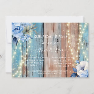 Invitation Dîner de répétition Blue Tan Wood Floral Lights