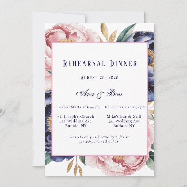 Invitation Dîner de répétition Blush and Navy Blue Peony (Devant)