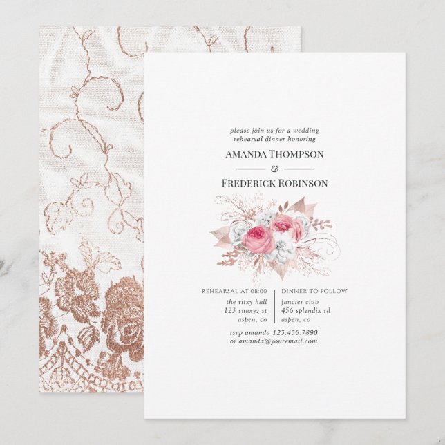 Invitation Dîner de répétition Blush & Rose Gold Floral et de (Devant / Derrière)