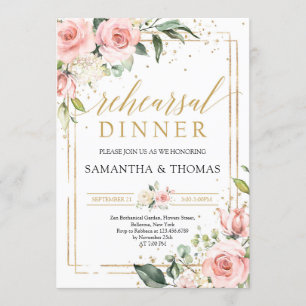 Invitation Dîner de répétition bohème rose floral or