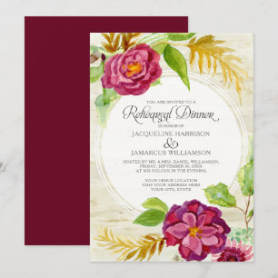 Invitation Dîner de répétition BOHO Burgundy Floral Roses d'a