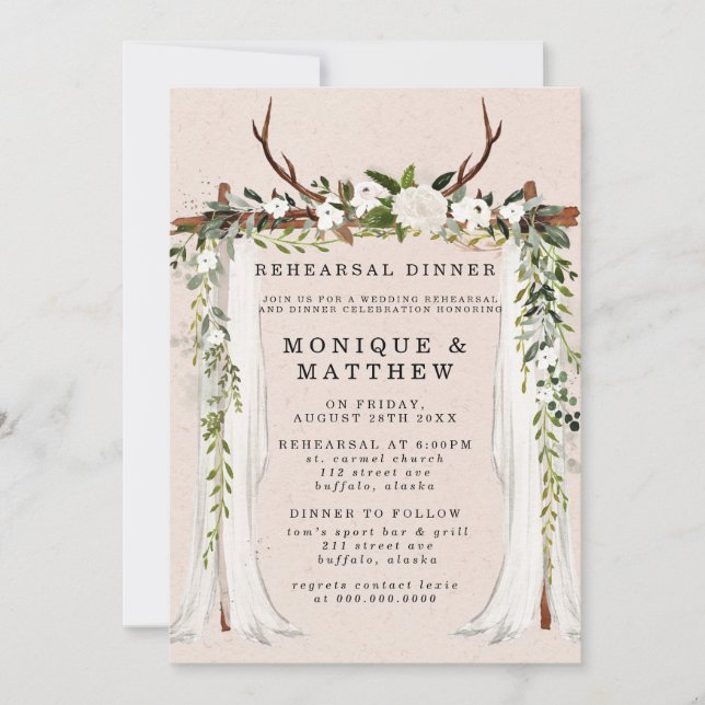 Invitation Dîner de répétition Boho Deer Antlers White Canopy (Devant)