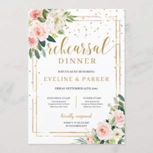 Invitation Dîner de répétition boho rose floral or