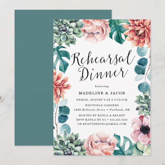 Invitation Dîner de répétition Boho Watercolor Succulents (Devant / Derrière)