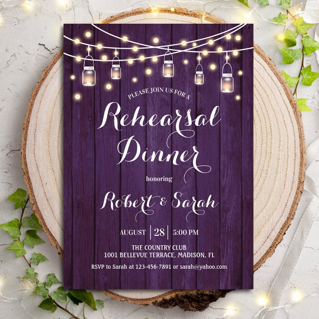 Invitation Dîner de répétition - Bois rustique violet (Créateur téléchargé)