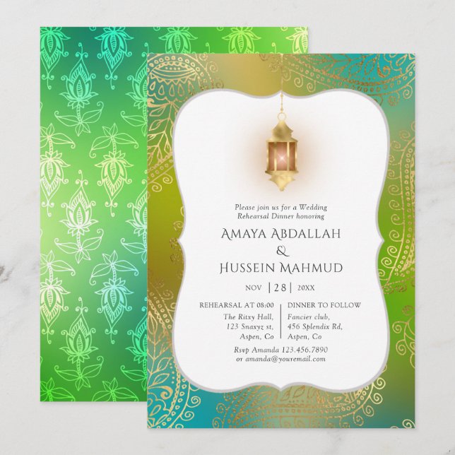 Invitation Dîner de répétition bollywoodien arabe en feuille  (Devant / Derrière)