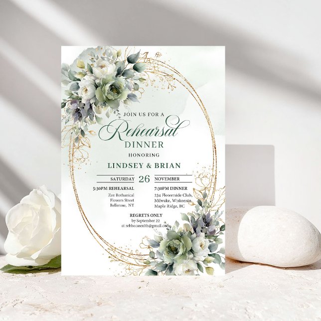 Invitation Dîner de répétition botanique de rêve Vert Blanc O (Dreamy Botanical Rehearsal Dinner Green White Gold)