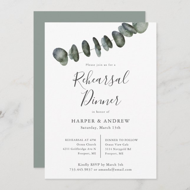 Invitation Dîner de répétition botanique Eucalyptus (Devant / Derrière)