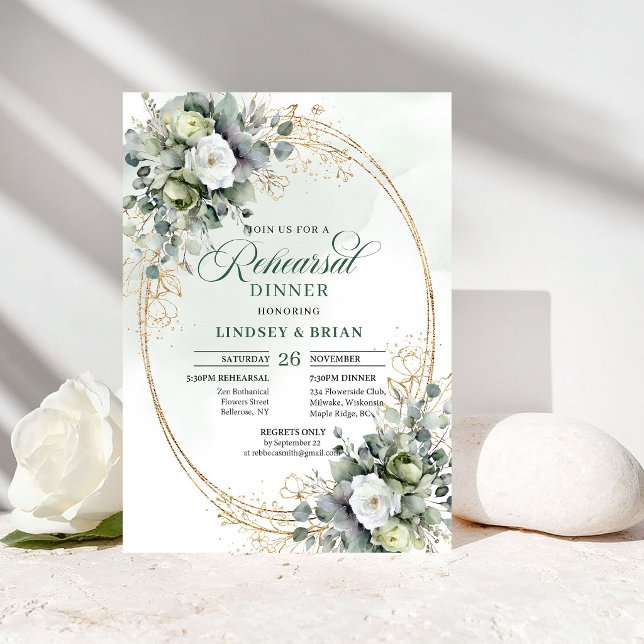 Invitation Dîner de répétition botanique moderne vert et or (Modern Botanical Rehearsal Dinner Green and Gold)