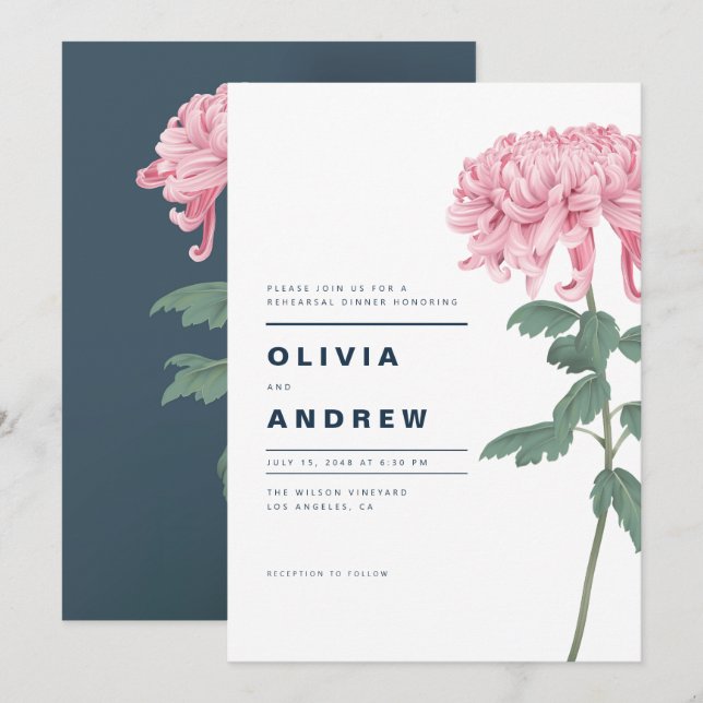 Invitation Dîner de répétition botanique rose Chrysanthème (Devant / Derrière)
