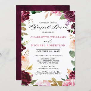 Invitation Dîner de répétition botanique rose prune violet