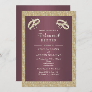 Invitation Dîner de répétition Burgandy, Sparkly Gold Rings