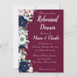Invitation Dîner de répétition burgundy Élégante florale