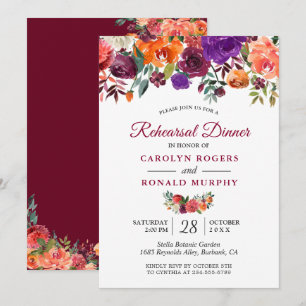 Invitation Dîner de répétition Burgundy Purple Orange Floral