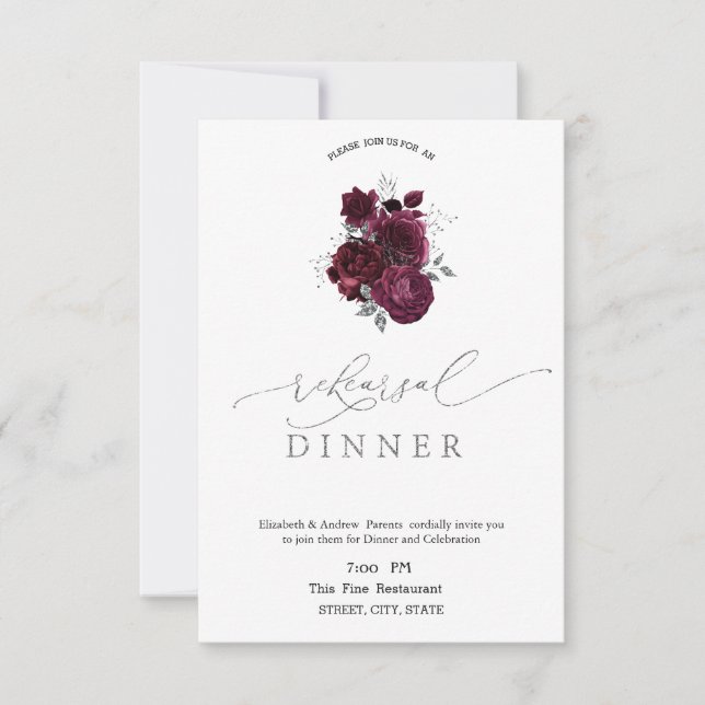 Invitation Dîner de répétition Burgundy Roses (Devant)