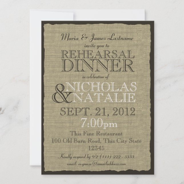 Invitation Dîner de répétition Burlap Look (Devant)