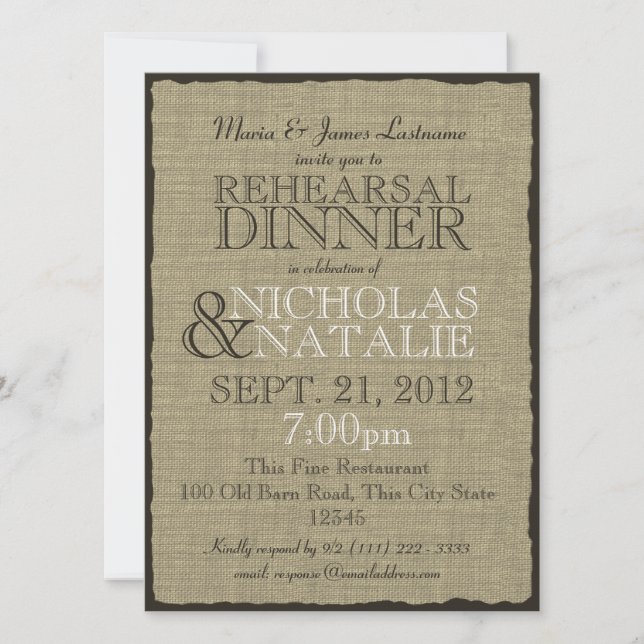 Invitation Dîner de répétition Burlap Look (Devant)
