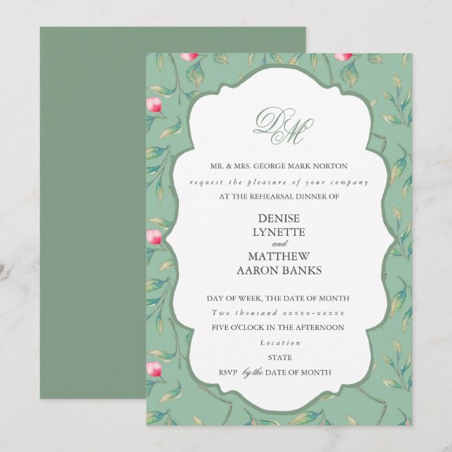 Invitation Dîner de répétition Cameo Green et Basil Green (Devant / Derrière)