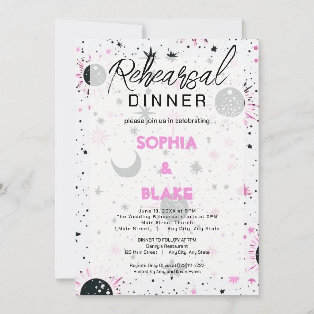 Invitation Dîner de répétition céleste noir et rose (Devant)