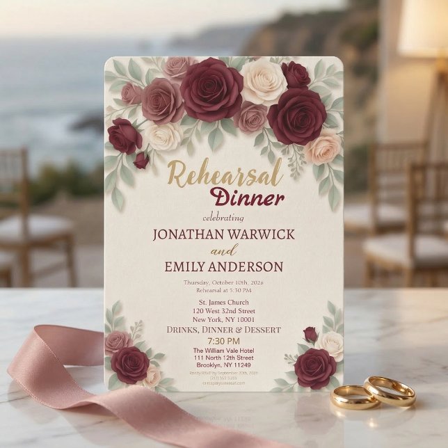 Invitation Dîner de répétition chic avec rose de Bourgogne él (Créateur téléchargé)