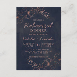 Invitation Dîner de répétition chic bleu marine et Rose or fo