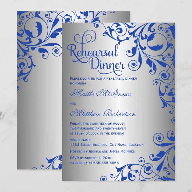 Invitation Dîner de répétition chic bleu royal et argenté (Devant / Derrière)