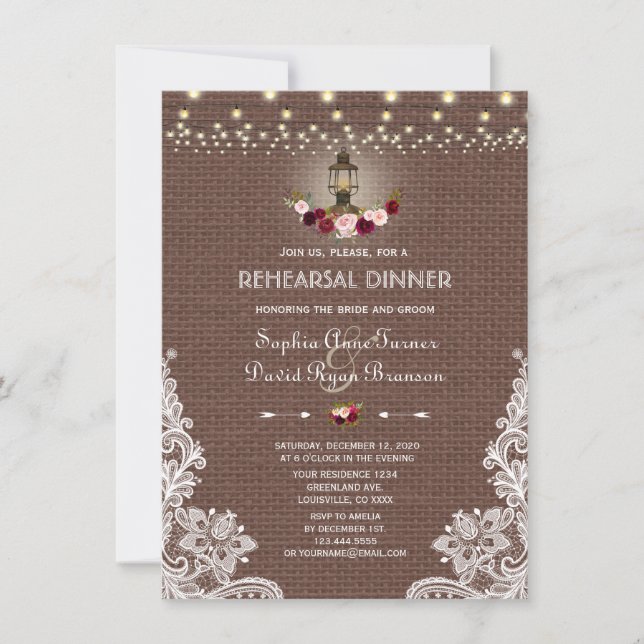 Invitation Dîner de répétition Chic Burlap String Lights (Devant)