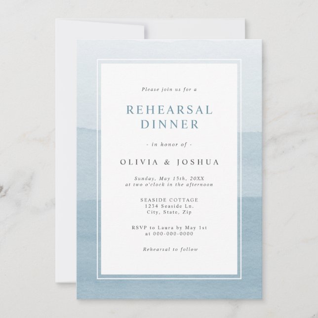 Invitation Dîner de répétition Chic Dusty  Bleu Aquarelle Omb (Devant)