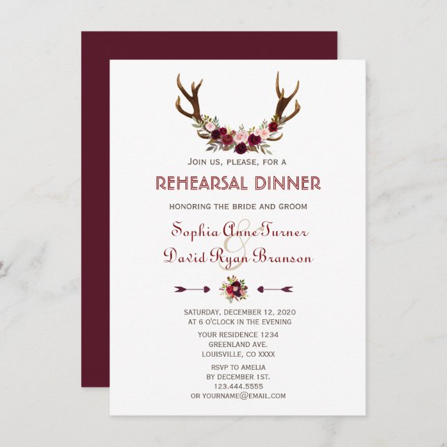 Invitation Dîner de répétition Chic Fall Marsala Floral Antle (Devant / Derrière)