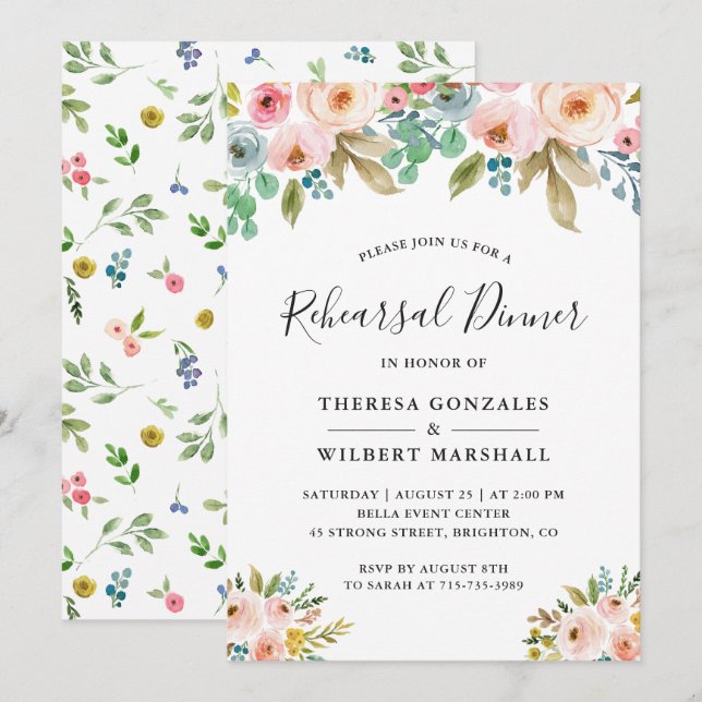 Invitation Dîner de répétition chic floral (Devant / Derrière)