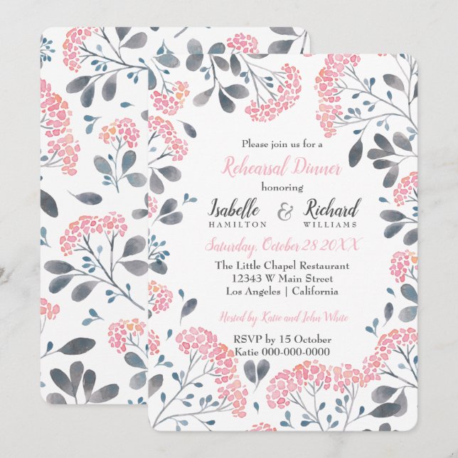 Invitation Dîner de répétition chic floral gris rose (Devant / Derrière)