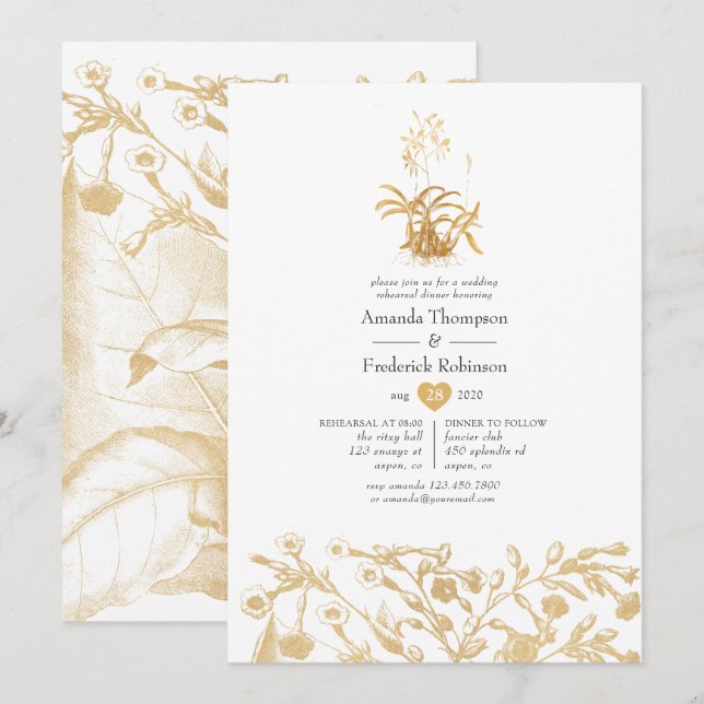 Invitation Dîner de répétition chic floral or (Devant / Derrière)
