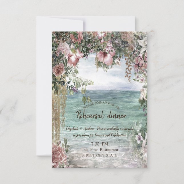 Invitation Dîner de répétition Chic Flowers Océan (Devant)