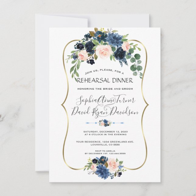 Invitation Dîner de répétition Chic Gold Navy Blue Blush Fleu (Devant)