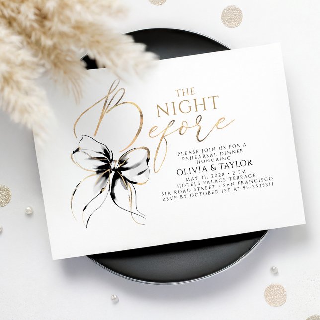 Invitation Dîner de répétition chic moderne élégant à ruban n (The Night Before Rehearsal Dinner Invitation with Black Bow)