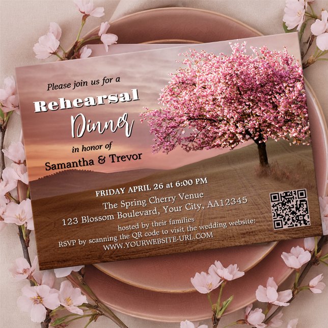 Invitation Dîner de répétition Chocolate Cherry Blossom (Rehearsal Dinner invitation with a painting of a chocolate landscape with a blossoming cherry tree)