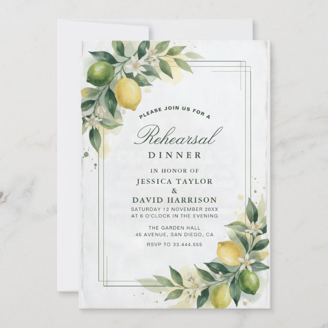 Invitation Dîner de répétition Citron Vert Aquarelle (Devant)