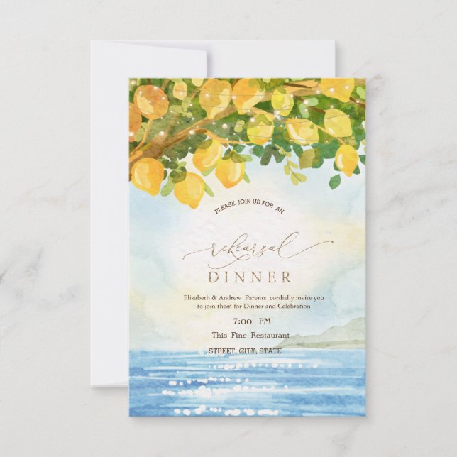 Invitation Dîner de répétition Citrons aquarelle Océan (Devant)