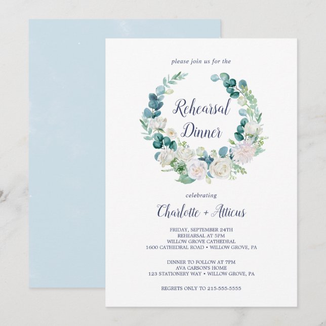 Invitation Dîner de répétition classique aux fleurs blanches (Devant / Derrière)