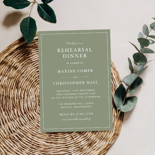 Invitation Dîner de répétition classique vert poussiéreux scr (Classic dusty green rehearsal dinner invitations set a warm tone for a memorable gathering.)