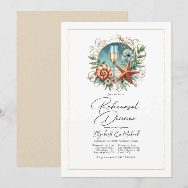 Invitation Dîner de répétition Coastal Chic Coquillages (Devant / Derrière)