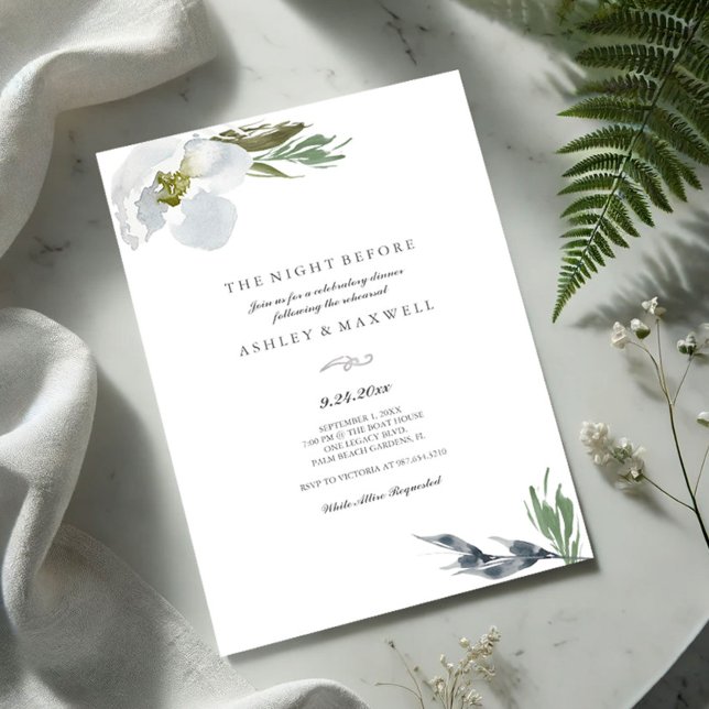 Invitation Dîner de répétition Cool Aquarelle gris Florales (Wedding rehearsal invitations for the night before dinner features watercolor flowers and greenery)