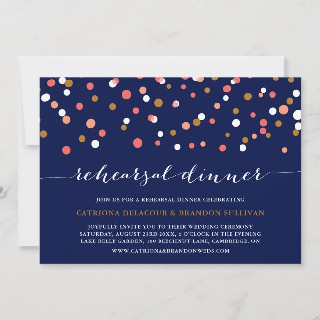 Invitation Dîner de répétition Coral & Navy Confetti Invitati (Devant)
