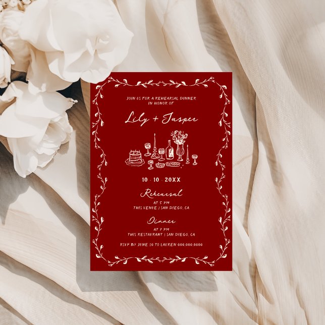 Invitation Dîner de répétition couleur crème bordeaux dessiné (Créateur téléchargé)
