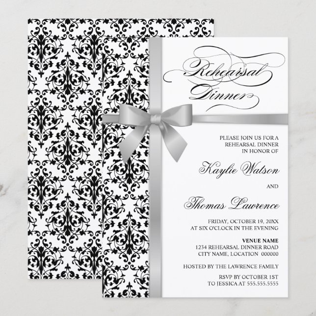 Invitation Dîner de répétition Damask Faux Silver Ribbon (Devant / Derrière)