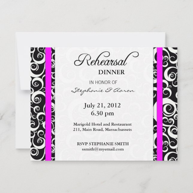 Invitation Dîner de répétition Damask Swirl à Fuchsia (Devant)