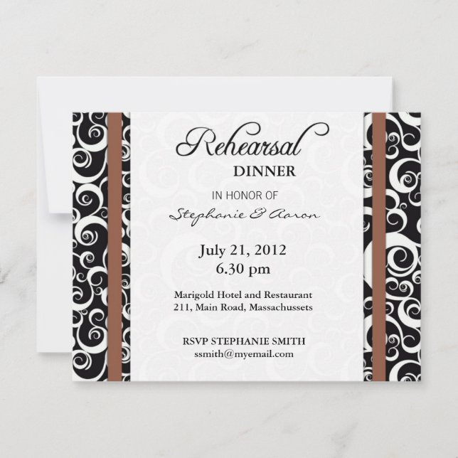 Invitation Dîner de répétition Damask Swirl à Mocha (Devant)