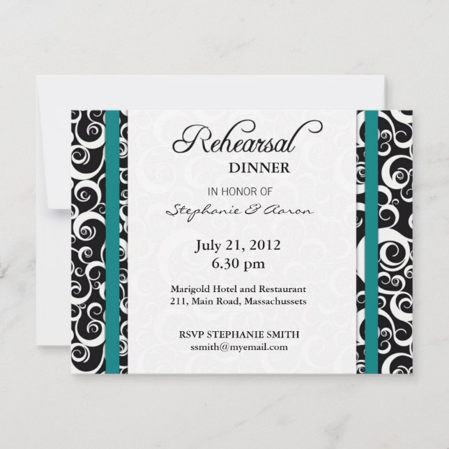 Invitation Dîner de répétition Damask Swirl en Turquoise (Devant)