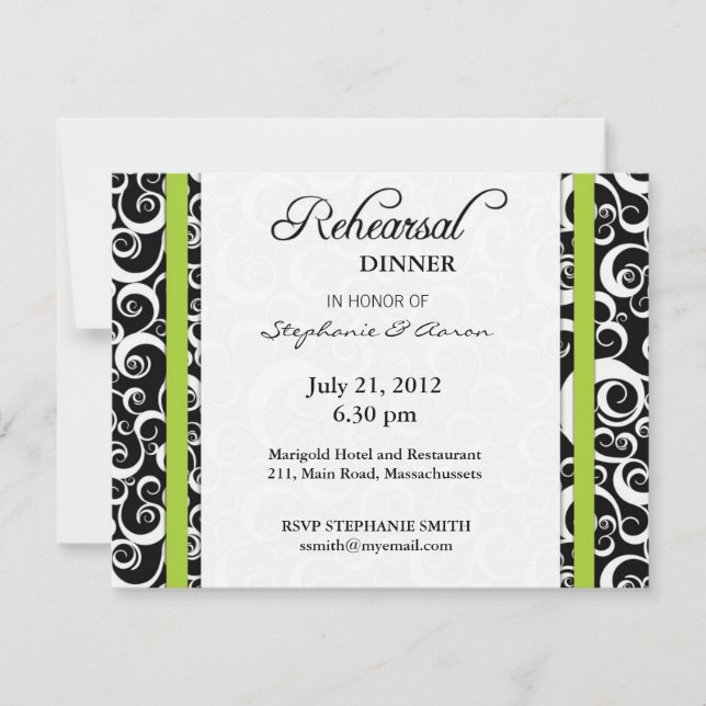 Invitation Dîner de répétition Damask Swirl en vert (Devant)