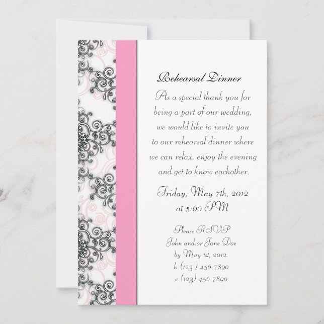 Invitation Dîner de répétition damassé rose noir blanc (Devant)